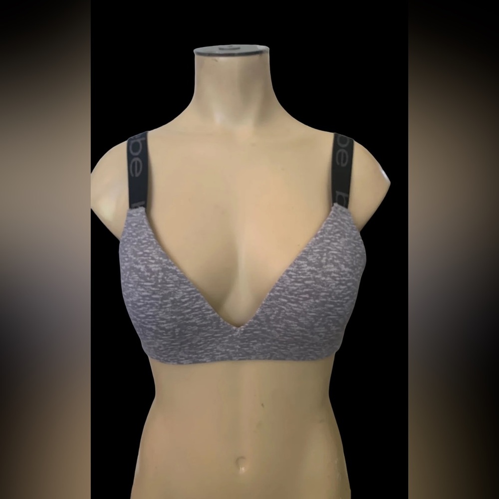 Bebe Bra Size 34b Grey Black Wireless Padded logo spell out Shoulder Straps